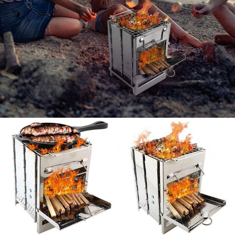 Wood Burning Camp Stove Folding Stainless Steel BBQ Outdoor Survival